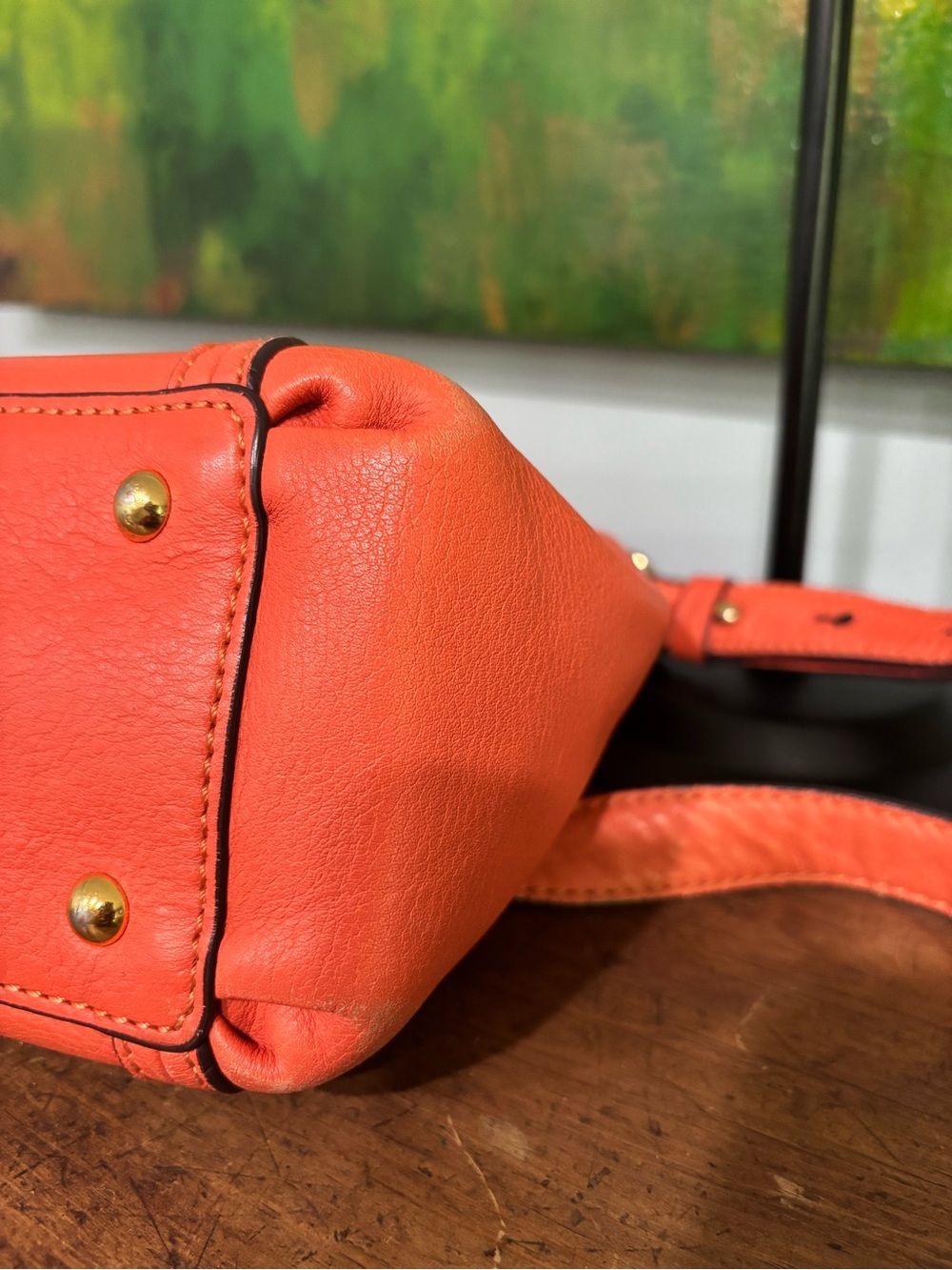 Vintage MCM Coral-Orange Leather Shoulder Satchel with Gold Hardware - Picture 11 of 16